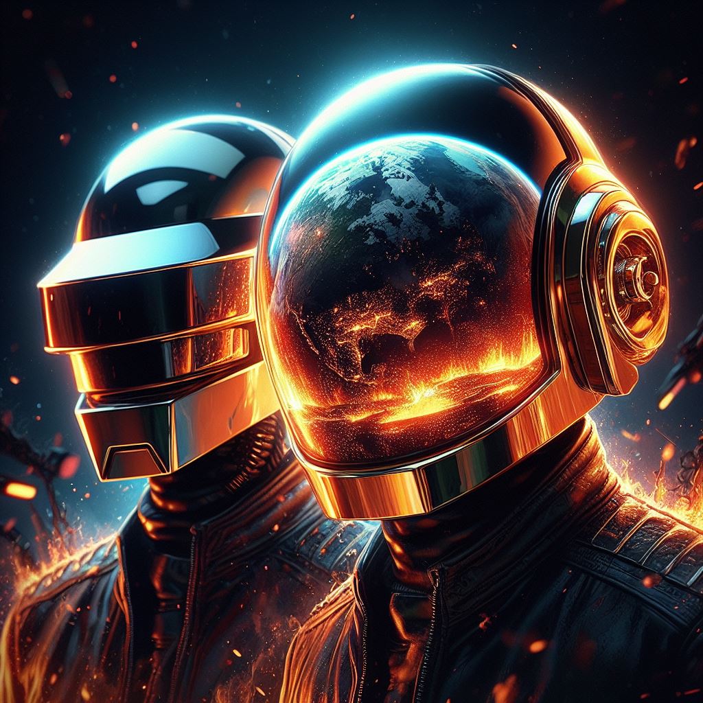 \-\-- Bing Image Creator "Daft Punk French electronic music duo, you can see a reflection of a burning earth in their helmet visors, digital art"